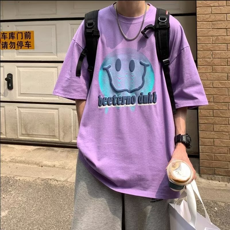 Áo Thun Mùa Hè Dáng Rộng Tay Cộc Thoải Mái In Họa Tiết Mặt Cười Hoạt Hình Size M-5XL Cho Nam