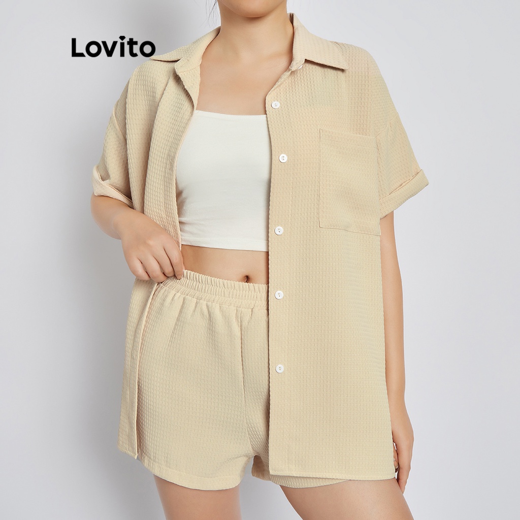 Lovito Casual Trơn Waffle Đan Túi Cổ Quần Short Nữ L37ED028 (Apricot)