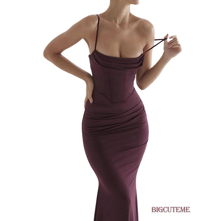 [] - Đầm Hai Dây Dáng Dài Hở Lưng Ôm Dáng Màu Trơn Thời Trang Mùa Hè Cho Nữ