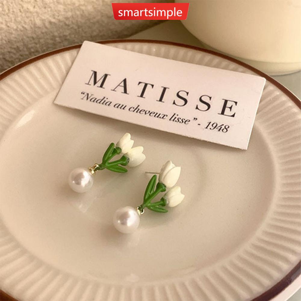 Bông Tai Hợp Kim Hình Hoa Tulip Đính Ngọc Trai Đơn Giản Cho Nữ S5Y1