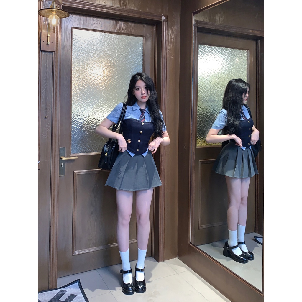 Đồng Phục Áo Ngắn Tay Dạng Ống Xương Cá Kèm Chân Váy Xếp Ly Dài Nửa Thân Thời Trang Mùa Hè Cho Nữ