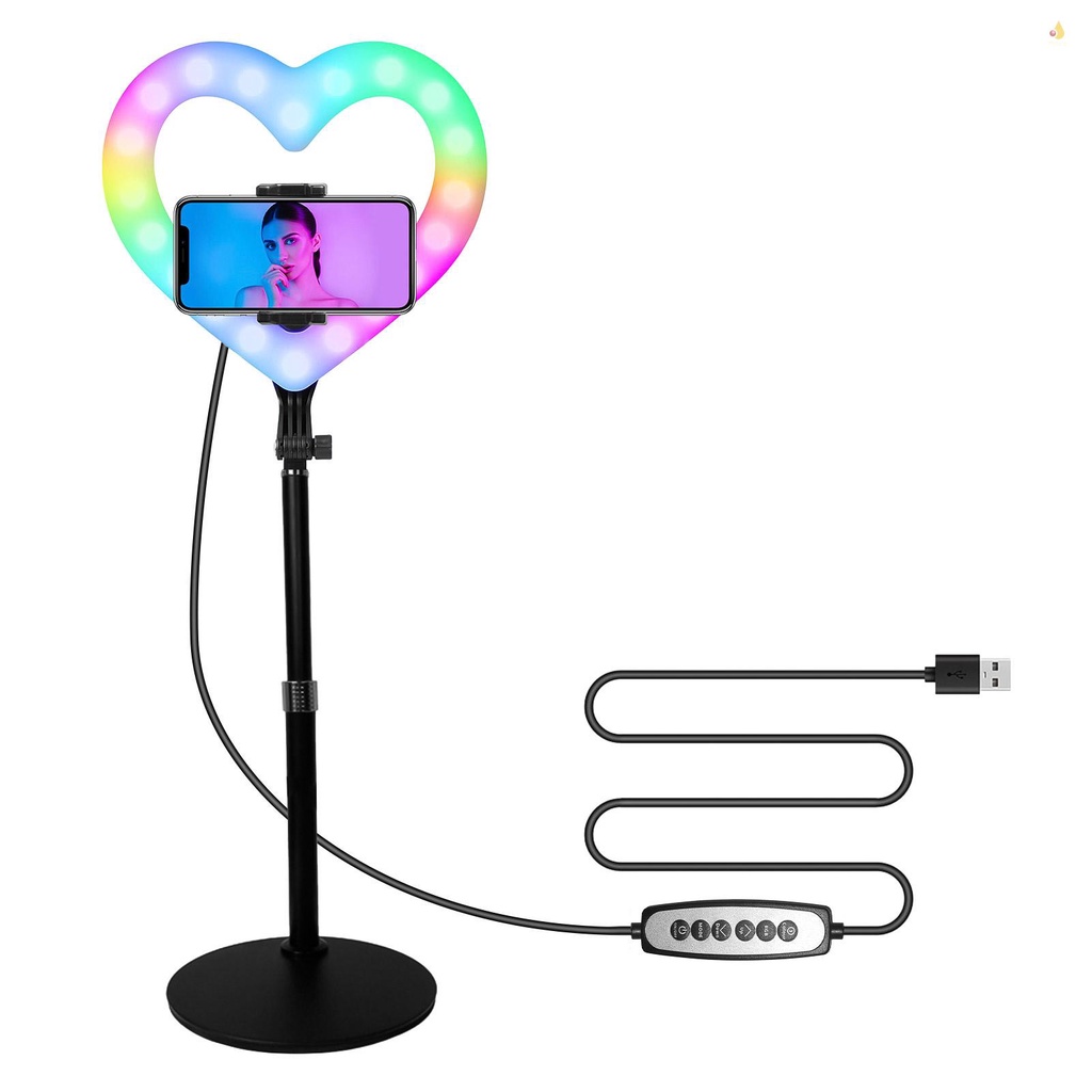 (mynivn) Đèn LED RGB Video 10 Inch Hình Trái Tim Có Thể Điều Chỉnh Độ Sáng Sạc USB Có Giá Đỡ Điện Thoại Để Bàn Hỗ Trợ Live Streaming Online Trang Điểm Quay Video