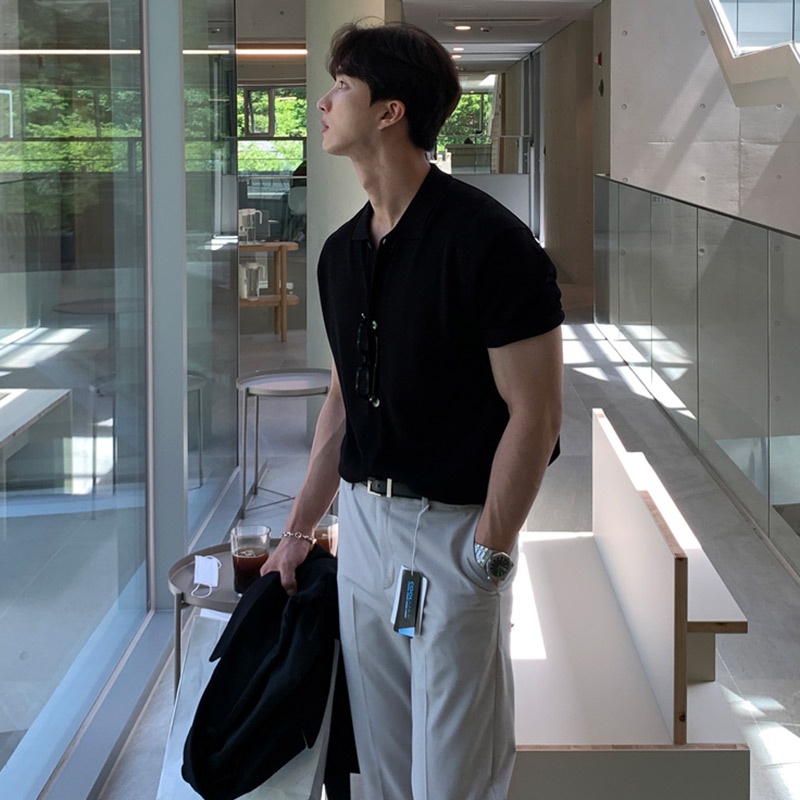 Áo Thun polo Dệt Kim Tay Ngắn Dáng Rộng Màu Đen Phong Cách Hàn Quốc Thời Trang Mùa Thu Cho Nam