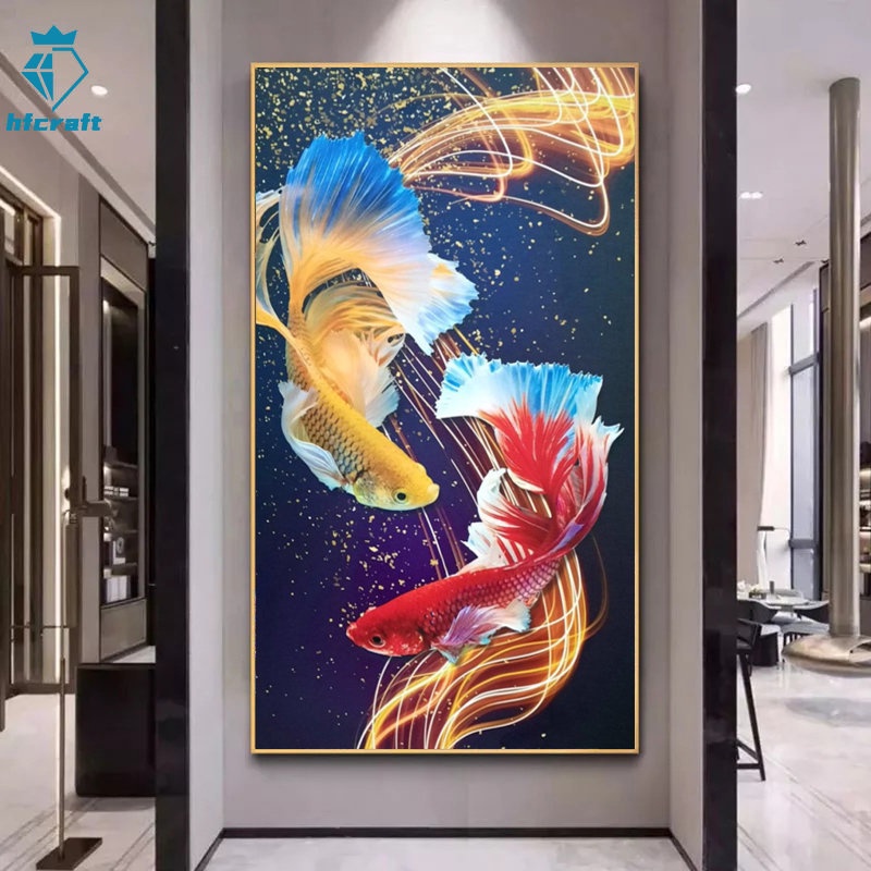 Bộ Tranh Đính Đá 5D DIY Hình Cá Koi May Mắn Để Trang Trí Nhà
