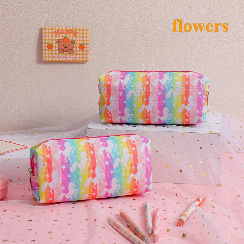 Túi Đựng Bút Chì / Đồ Trang Điểm In Hình Kỳ Lân Hoạt Hình / Hoa Màu Cầu Vồng