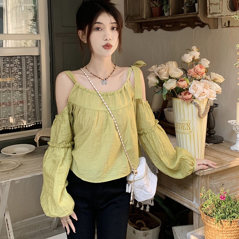 IELGY   Áo Kiểu Tay Phồng Hở Vai Dáng Ôm Thời Trang Dành Cho Nữ