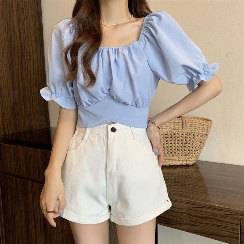 Áo Sơ Mi Ngắn Cổ Vuông Thắt Nơ Lưng Phong Cách Pháp Thời Trang Mùa Hè Cho Nữ