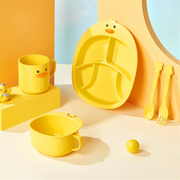 Combo khay ăn dặm, tô ăn , cốc uống nước cho bé kèm muỗng nĩa vịt con dễ thương nhựa PP 1