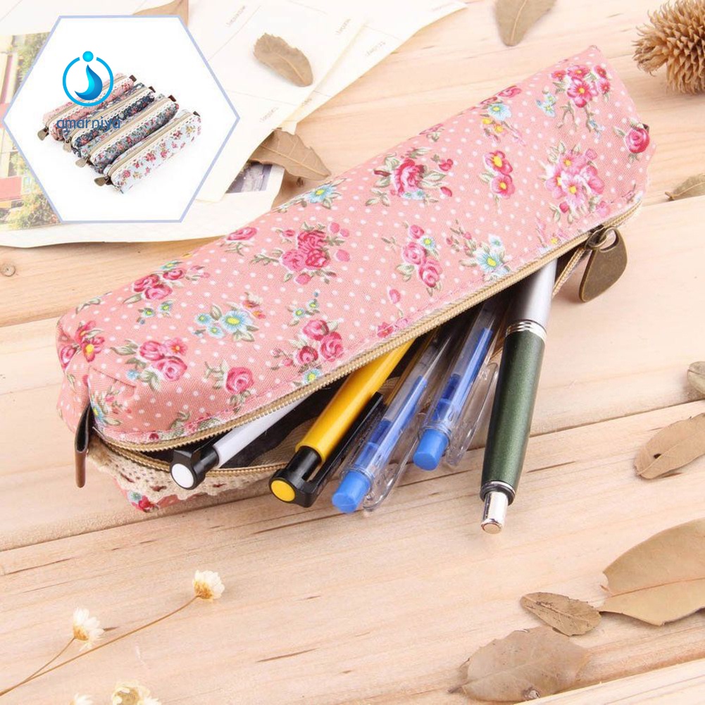 (Shop Amart) Túi Đựng Bút In Hoa Có Dây Kéo Thời Trang