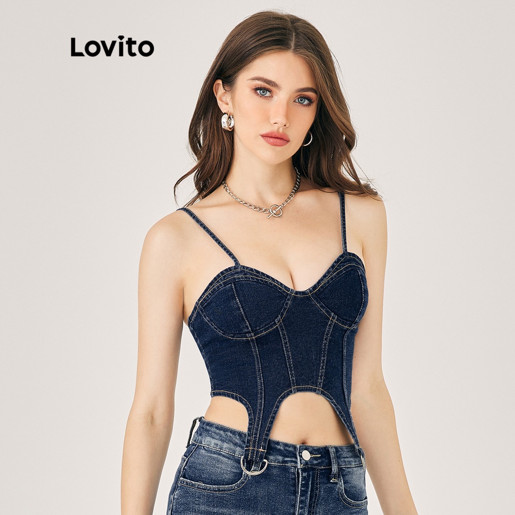 Áo denim LOVITO bất đối xứng kim loại màu trơn thường ngày dành cho nữ L47ED127 (màu xanh dương)