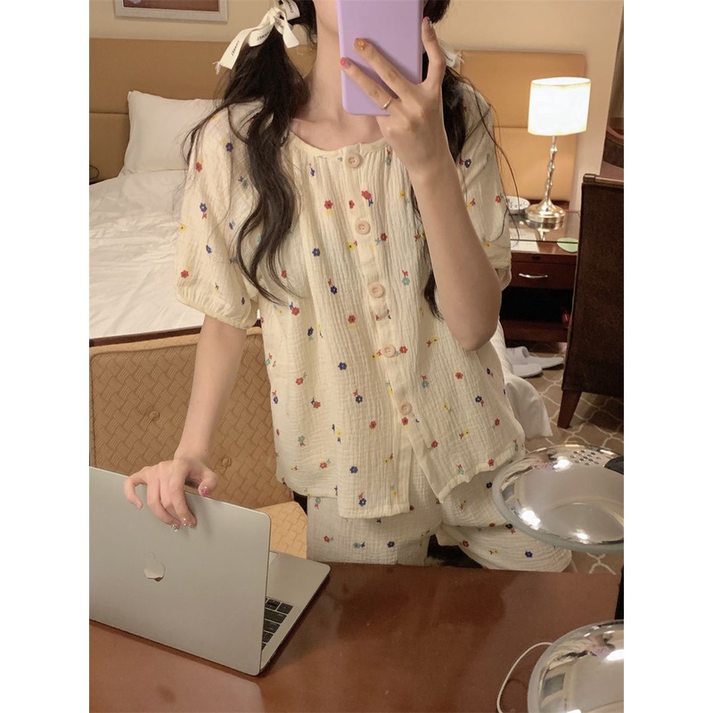 Bộ Đồ Ngủ Tay Ngắn In Hoa Dễ Thương Thoải Mái Thời Trang Mùa Hè Cho Nữ