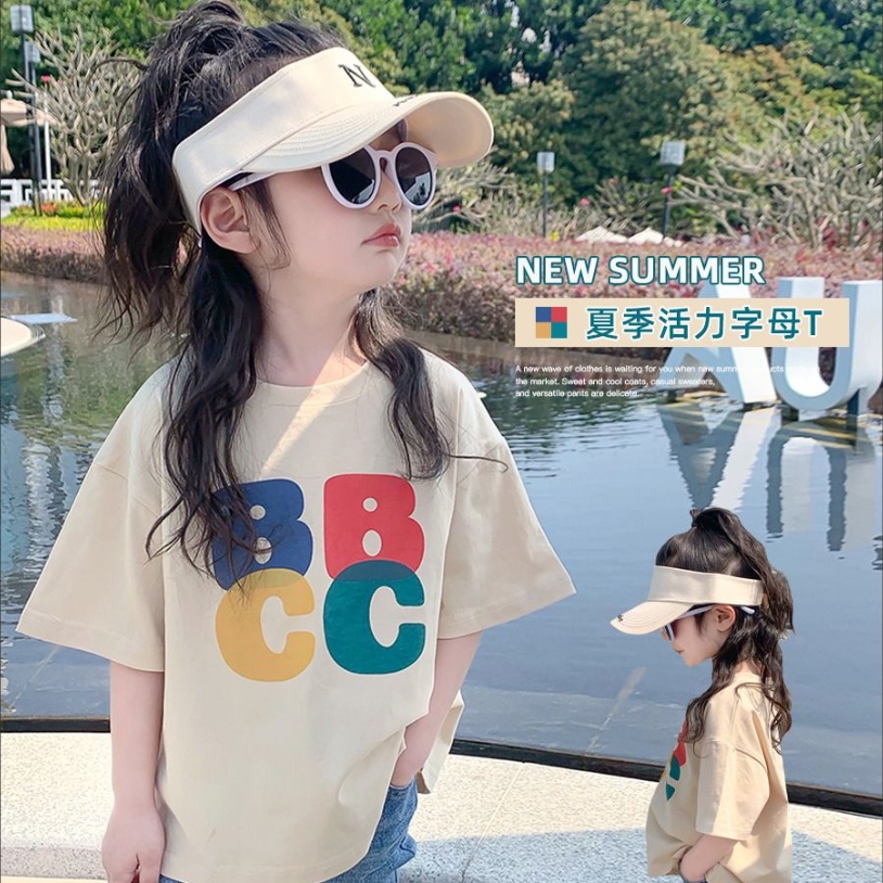 Áo Thun Cotton Ngắn Tay In Chữ Phong Cách Phương Tây Mẫu Mới 2023 Thời Trang Mùa Hè Cho Bé Gái