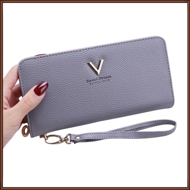 Ví Da Mỏng Đựng Thẻ Tín Dụng In Chữ V Kèm Dây Đeo Cổ Tay Thời Trang Cho Nữ