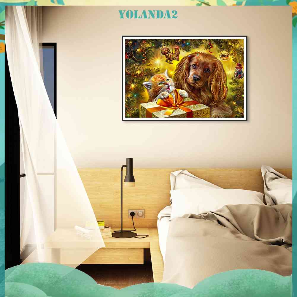 Tranh Đính Đá Kim Cương Toàn Bộ 5D DIY Hình Chó Mèo Giáng Sinh