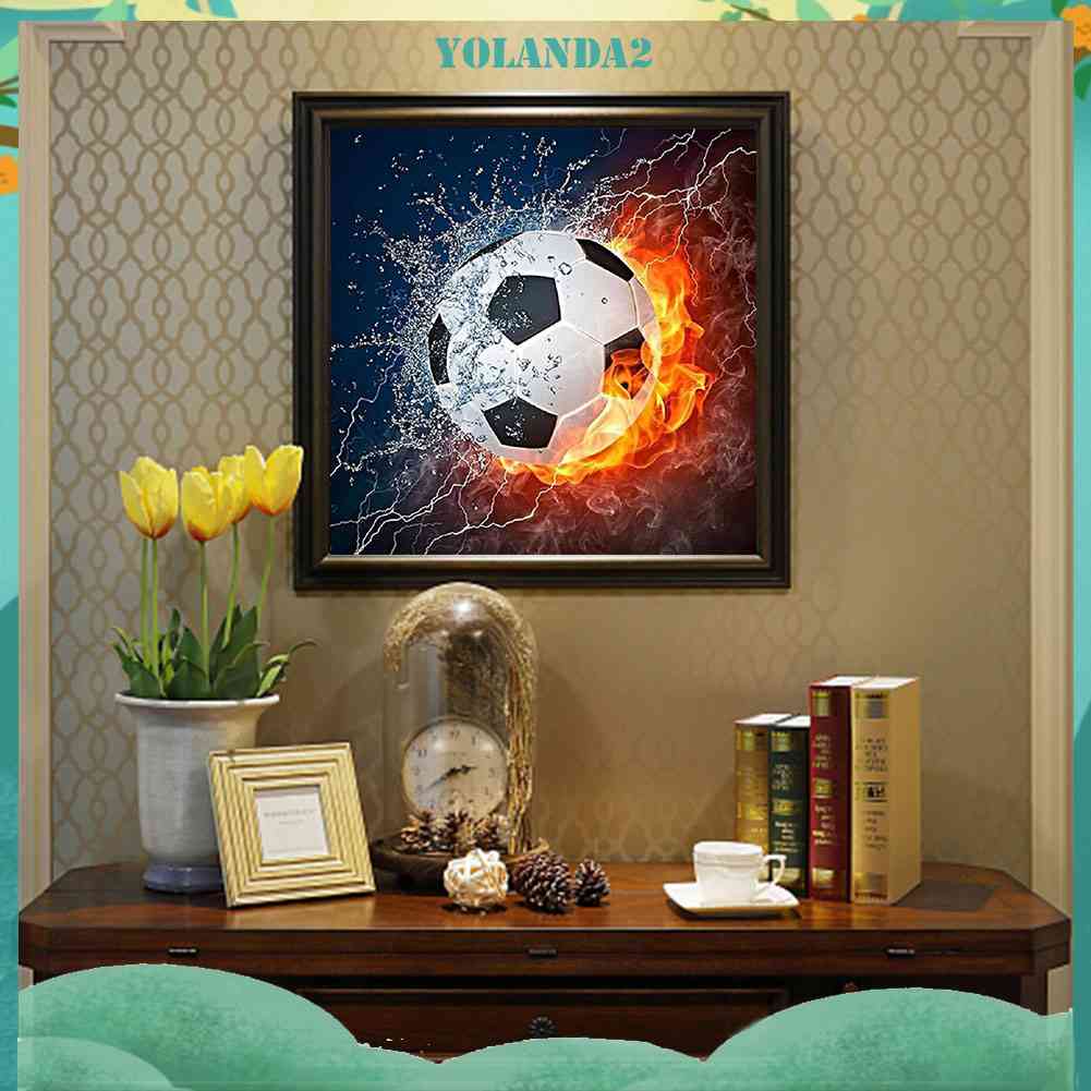 Tranh Đính Đá Kim Cương Toàn Diện Hình Vẽ Quả Bóng Đá Và Lửa Trang Trí Tường Nhà