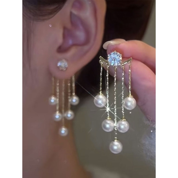 Hoa Tai Dáng Dài Đính Ngọc Trai Nhân Tạo Phối Tua Rua Thời Trang Cho Nữ