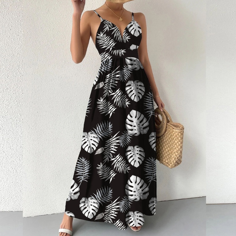 Đầm Dài Dáng Chữ A Hở Lưng In Họa Tiết Hoa Lá Thời Trang Mùa Hè Xinh Xắn Cho Nữ