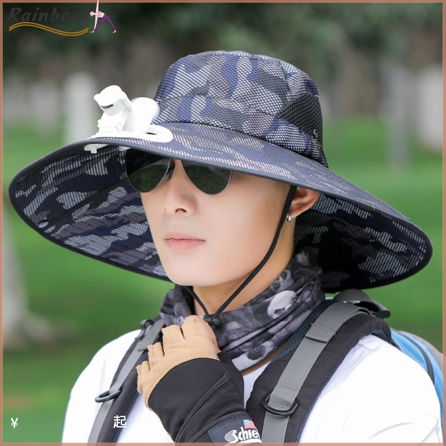 Mũ Bucket Chống Nắng Vành Rộng Thoáng Khí Có Thể Điều Chỉnh Kèm Quạt Họa Tiết Rằn Ri Cho Nam