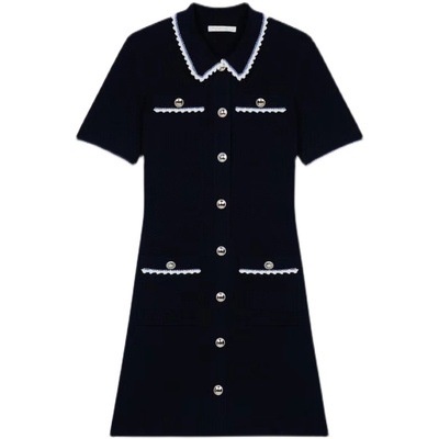 Maje spring and summer polo collar contrast color lace short sleeve slim knit dress women 0144