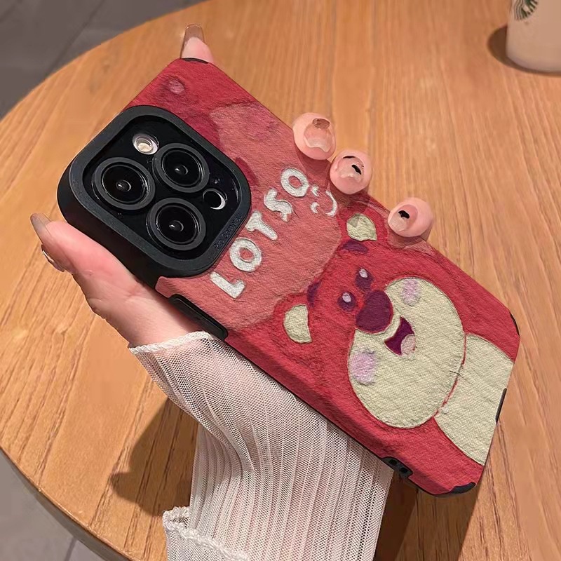 Ốp Điện Thoại Da Cừu Viền TPU Dẻo In Hình Gấu Dâu Mặt Cười Cho iPhone 11pro Max 14 Promax 11 12 / 13 / 6 / 7 / 8Plus / X Max