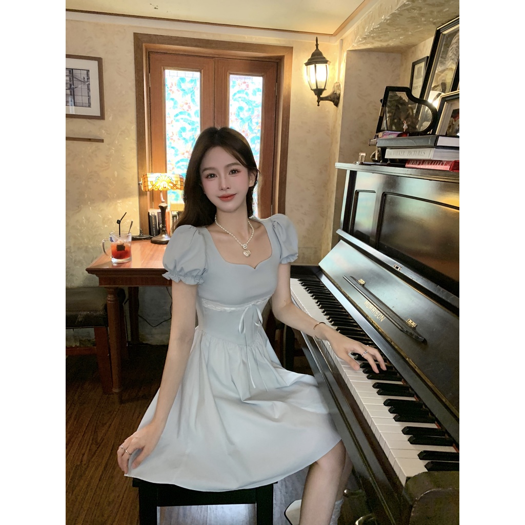 Đầm Dài Dệt Kim Tay Phồng Cột Nơ Phối Họa Tiết Xinh Xắn Thời Trang Cho Nữ