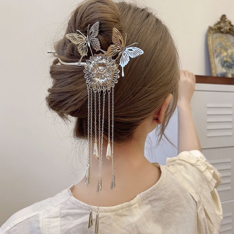 Trâm Cài Tóc Hình Bướm Lớn Bằng Hợp Kim Có Dây Xích Cho Nữ