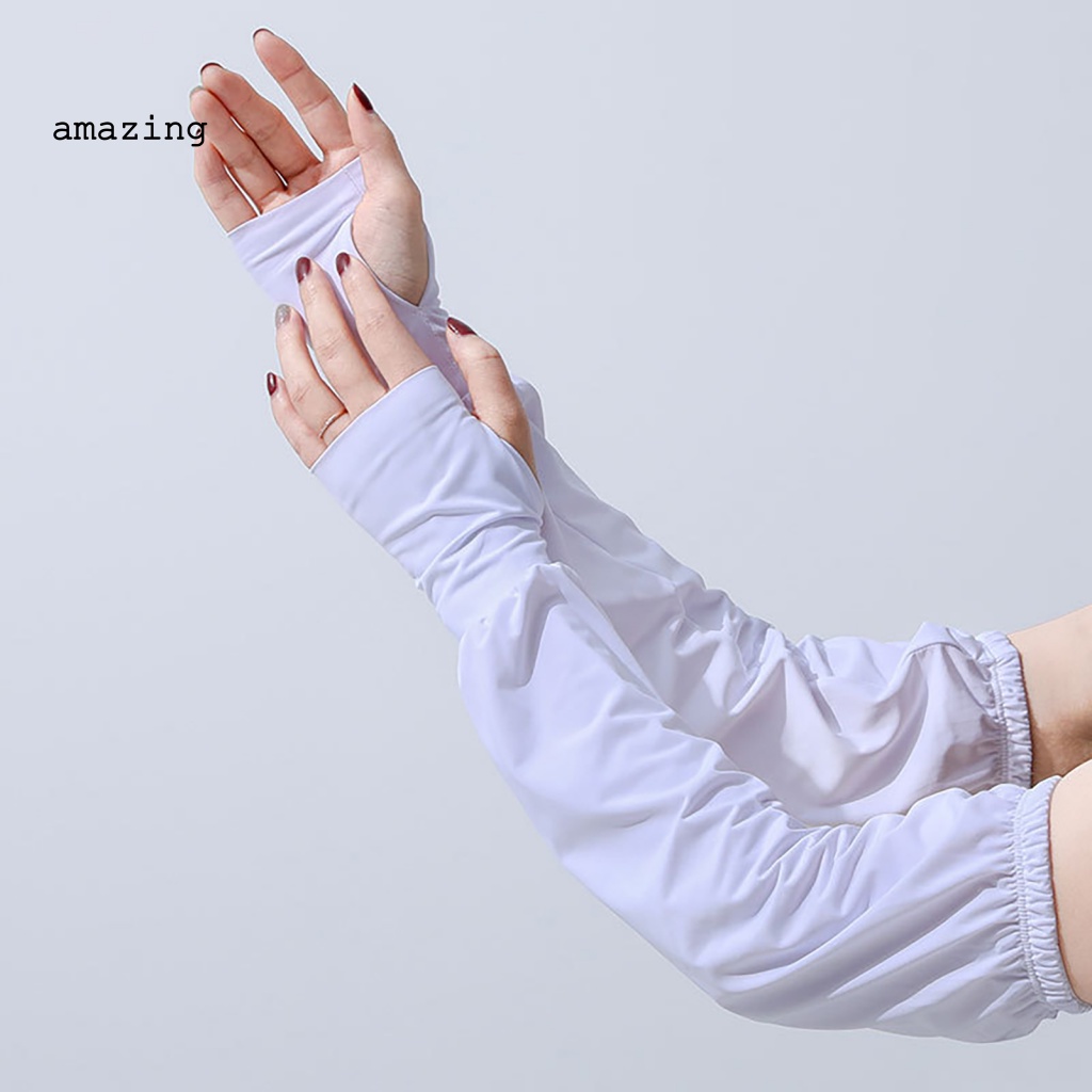 1 Đôi Găng Tay Chống Nắng Bằng Lụa Lạnh Màu Trơn Thiết Kế Lỗ Xỏ Ngón Tay Thời Trang Mùa Hè