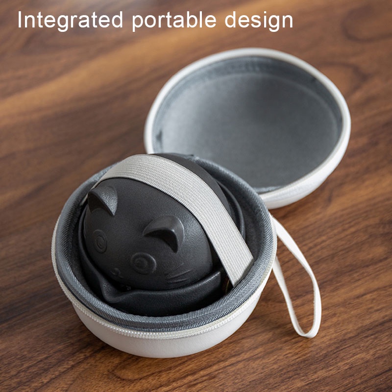 Bộ Ấm Trà Bằng Sứ Hình Mèo Dễ Thương Kèm Túi Đựng Tiện Dụng Mang Theo Du Lịch / Văn Phòng