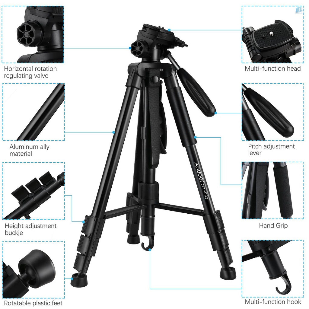 Gậy Ba Chân 2 Trong 1 Andoer TTT-003 Xoay 3 Chiều Bằng Hợp Kim Nhôm Đường Kính 163cm Max. Túi Đựng Điện Thoại Thông Minh 5kg Chiều Cao 5kg Kèm Kẹp Tiện Dụng