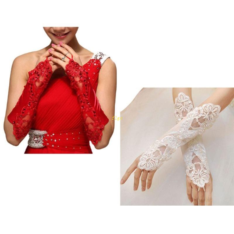 Găng Tay Satin Hở Ngón Thêu Ren Đính Kim Sa Màu Trơn Kèm Vòng Đeo Ngón Dành Cho Nữ Dự Tiệc Cưới Opera
