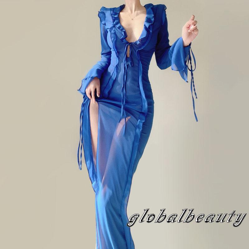 Đầm Dài Xẻ Tà Cổ Sâu Tay Dài Phối Bèo Nhún Có Dây Rút Thời Trang Dự Tiệc Cho Nữ