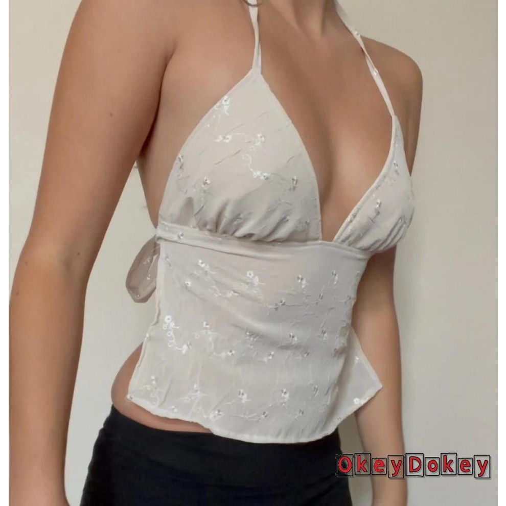 Áo Croptop Không Tay Cổ Chữ V Phối Ren Hở Lưng Cho Nữ