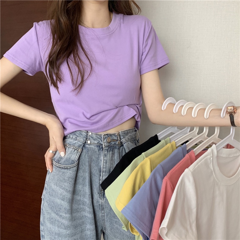 NZN Áo Thun crop top Tay Ngắn Màu Trơn Cổ Tròn Thời Trang Cho Nữ