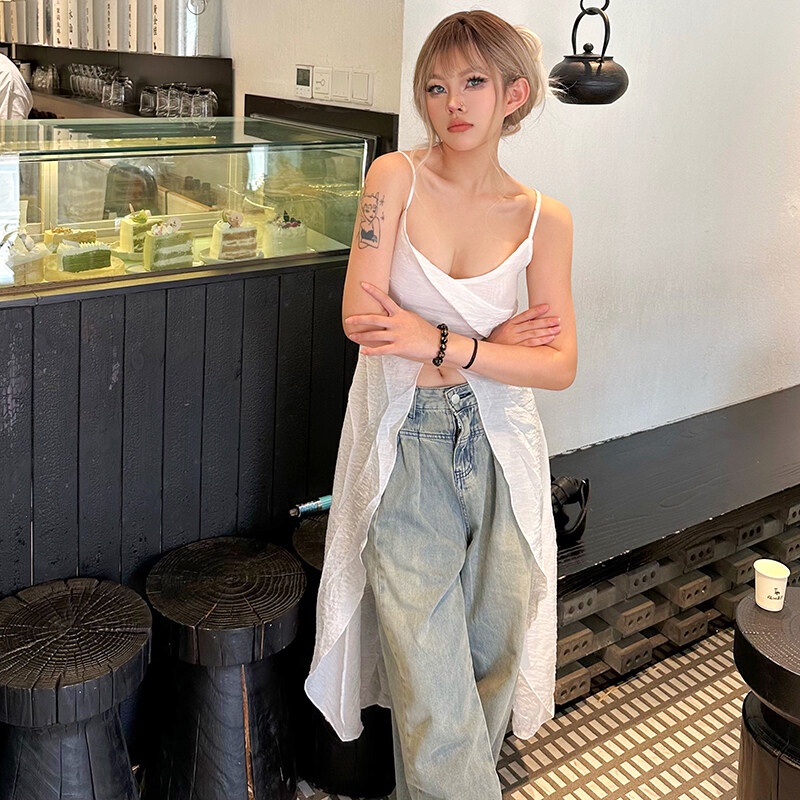 Weird Puss Áo Hai Dây Cổ Chữ V Dáng Ôm Thiết Kế Đơn Giản Thời Trang Mùa Hè Quyến Rũ Cho Nữ