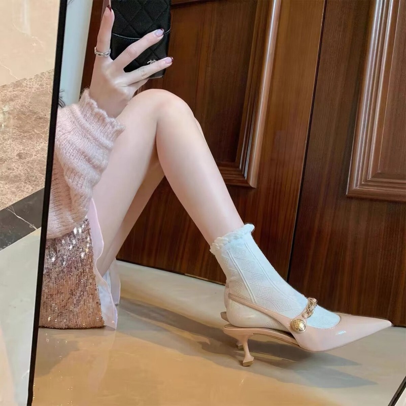 Sandal Cao Gót Mũi Nhọn Hở Một Bên Gót Thấp Phong Cách Pháp Cho Nữ
