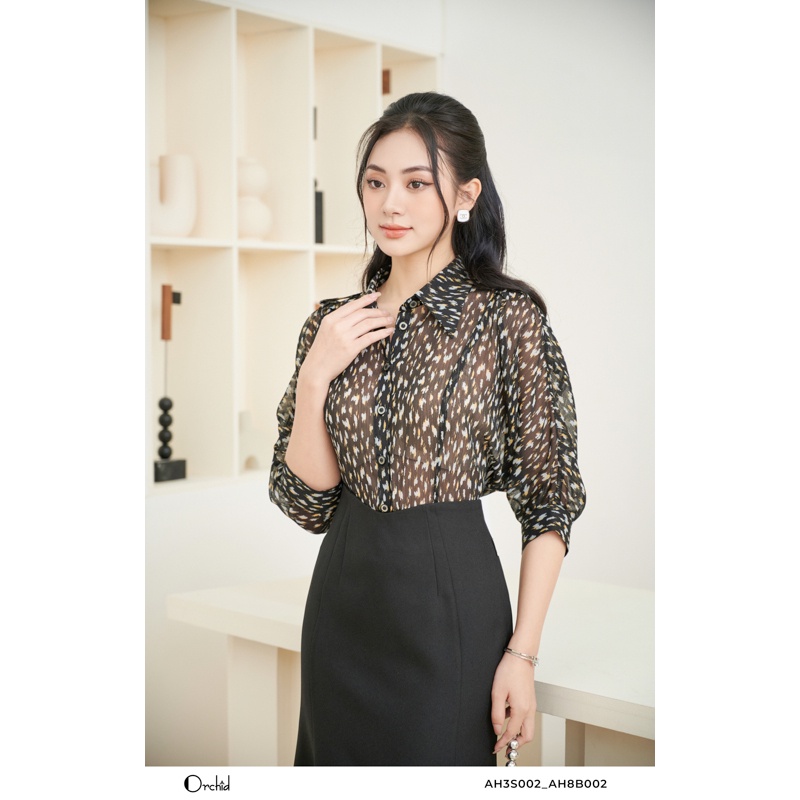 Áo sơ mi công sở đen nhăn họa tiết sọc kim Orchid - AH3S002