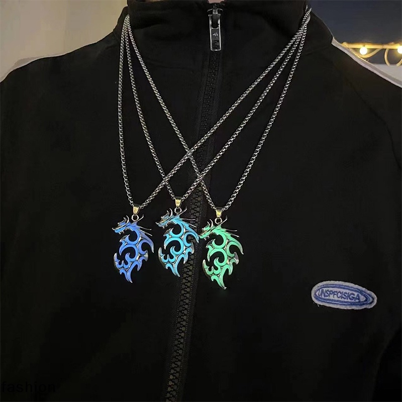 Glow ngọn lửa rồng Vòng cổ cá tính Punk Glow Mặt dây chuyền cho phụ nữ người đàn ông phát sáng trong tối Áo len động vật chuỗi phát sáng Vòng cổ hiphop trang sức phụ kiện VN