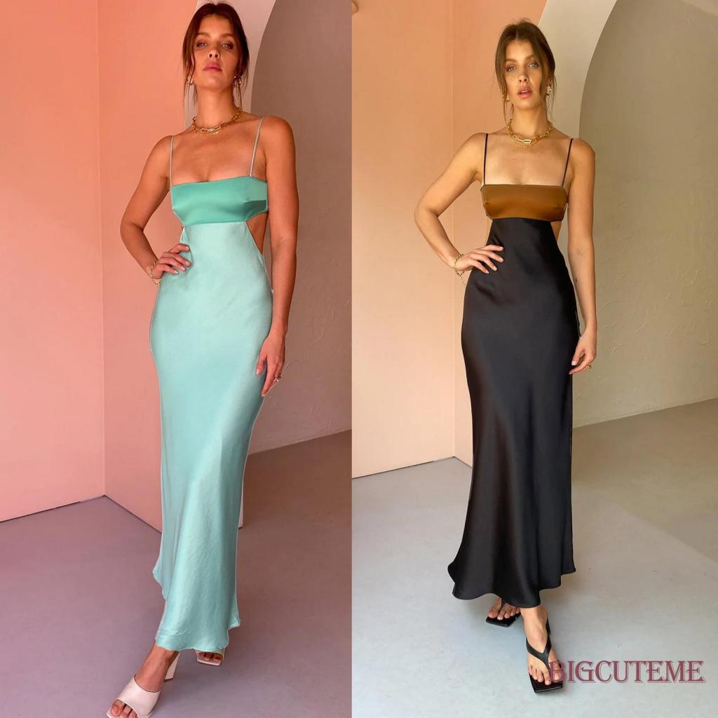 [] - Đầm Dài Dáng Ôm Cổ Thuyền Hở Lưng Phối Màu Tương Phản Thời Trang Mùa Hè Dành Cho Nữ