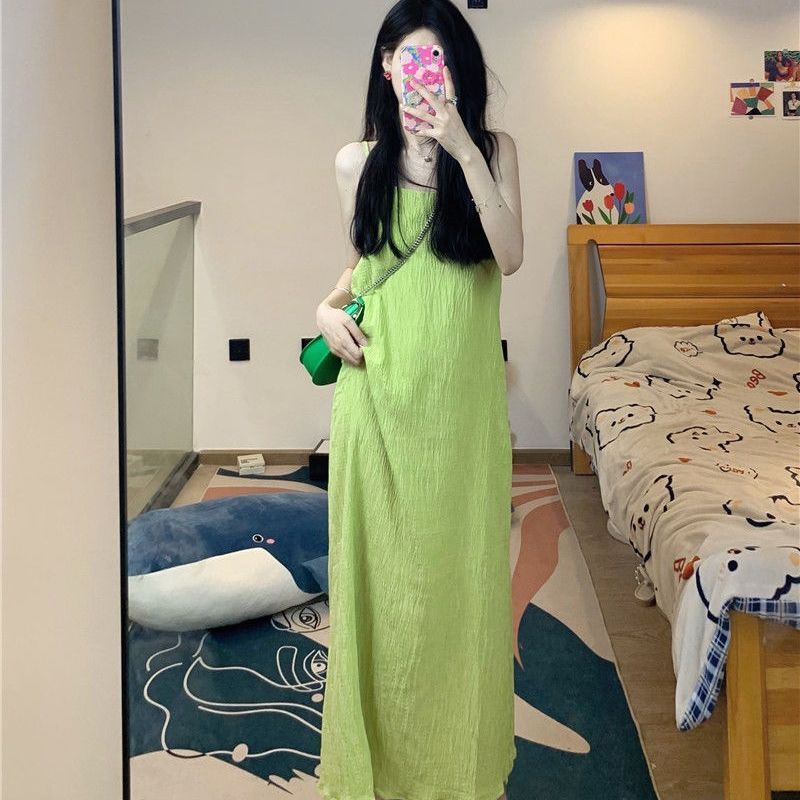 Set Đầm Hai Dây Dáng Dài Xẻ Tà Màu Xanh Lá Phong Cách Pháp Thời Trang Cho Nữ