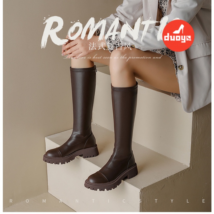 Duoya Factory Thẳng Hàng Có Sẵn ~ [Hàng Có Sẵn] Giày Bốt Dày Màu Nâu Đế Dày Ống Cao Đến Cao Cho Nữ Slimmer Fat mm St