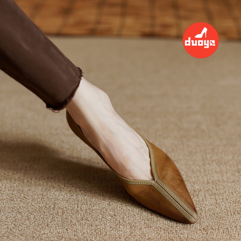 Duoya Giày Cao Gót Mũi Nhọn Miệng Nông Bằng Da Mềm Dày Dặn Cho Nữ [Hàng Có Sẵn] Miễn Phí Vận Chuyển