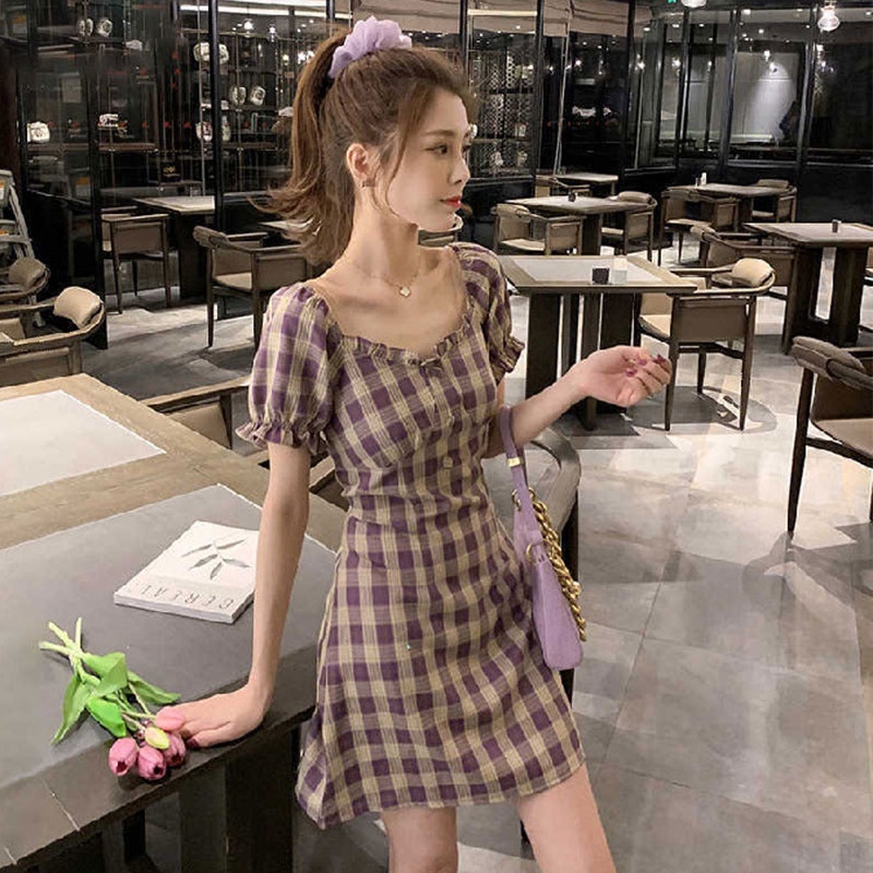 Đầm Tay Ngắn Hở Vai Ôm Eo Họa Tiết Sọc Caro Phong Cách Pháp Cổ Điển Thời Trang Cho Nữ