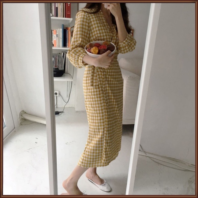 Đầm Midi Ôm Eo Cổ Chữ V In Họa Tiết Kẻ Sọc Thời Trang Lãng Mạn Cho Nữ