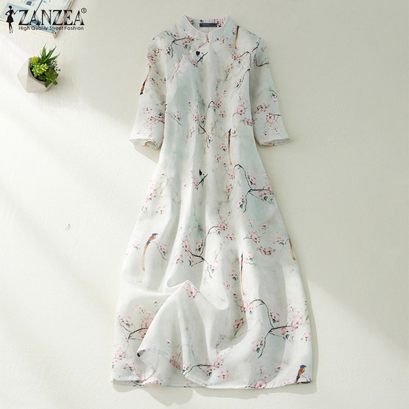 Đầm midi ZANZEA nữ dài tay cổ đứng thời trang Hàn