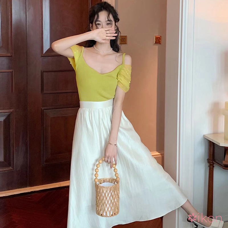 Áo Dệt Kim Tay Ngắn Phồng Phối Lưới Cổ Chữ V Phong Cách Hàn Quốc Thời Trang Cho Nữ