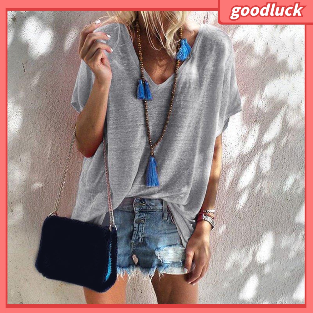 Áo Thun Tay Ngắn Cổ Chữ V Màu Sắc Đơn Giản Dành Cho Nữ