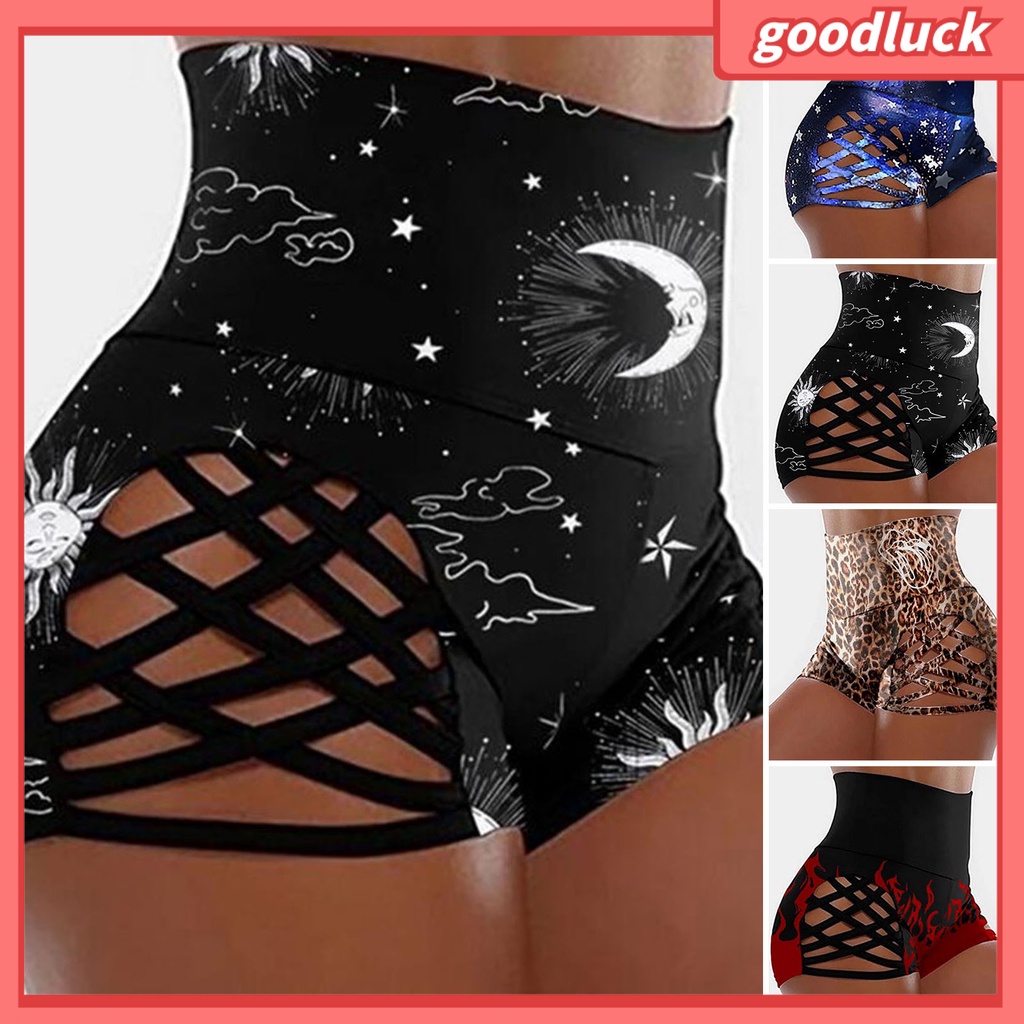 [ULK] Quần Short Lưng Cao Co Giãn Khoét Lỗ Rỗng Họa Tiết Da Báo Thời Trang Tập Gym Cho Nữ