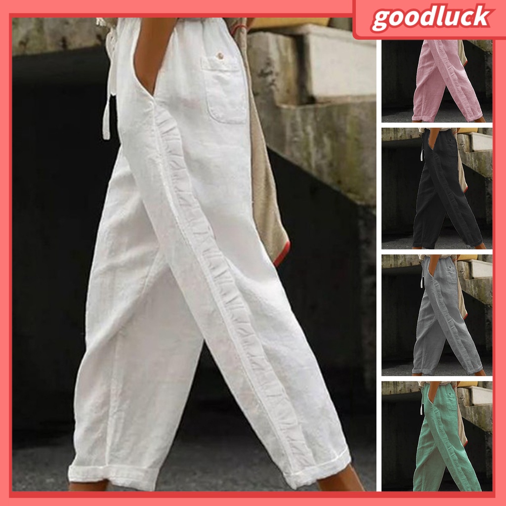 [ULK] Quần Dài Dây Rút Co Giãn Phối Viền Bèo Bên Hông Màu Trơn Thời Trang Đường Phố Mùa Hè Cho Nữ