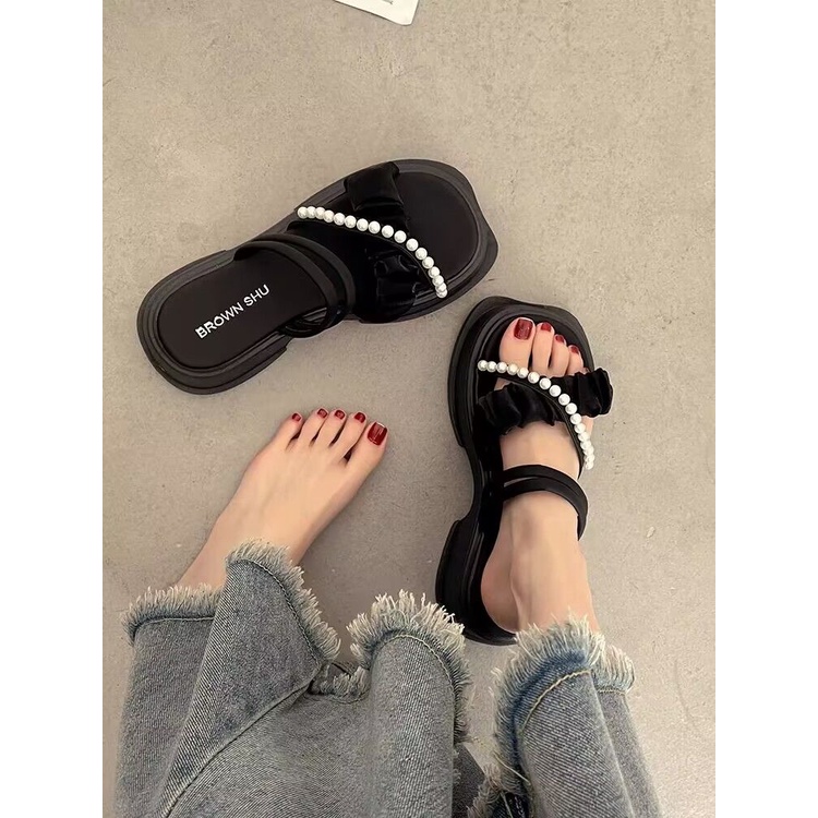 Dép gót đúp 5 cm quai nhúng sandan Ngọc thắt nơ xinh xắn dép đế cao 23Z23060107