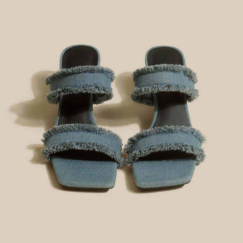 Duoya Tóc Thẳng ~ [Hàng Có Sẵn] Dép Cao Gót Vải Denim Mũi Vuông Viền Tua Rua Màu Xanh Dương Mùa Hè Miễn Phí Vận Chuyển Cho Nữ